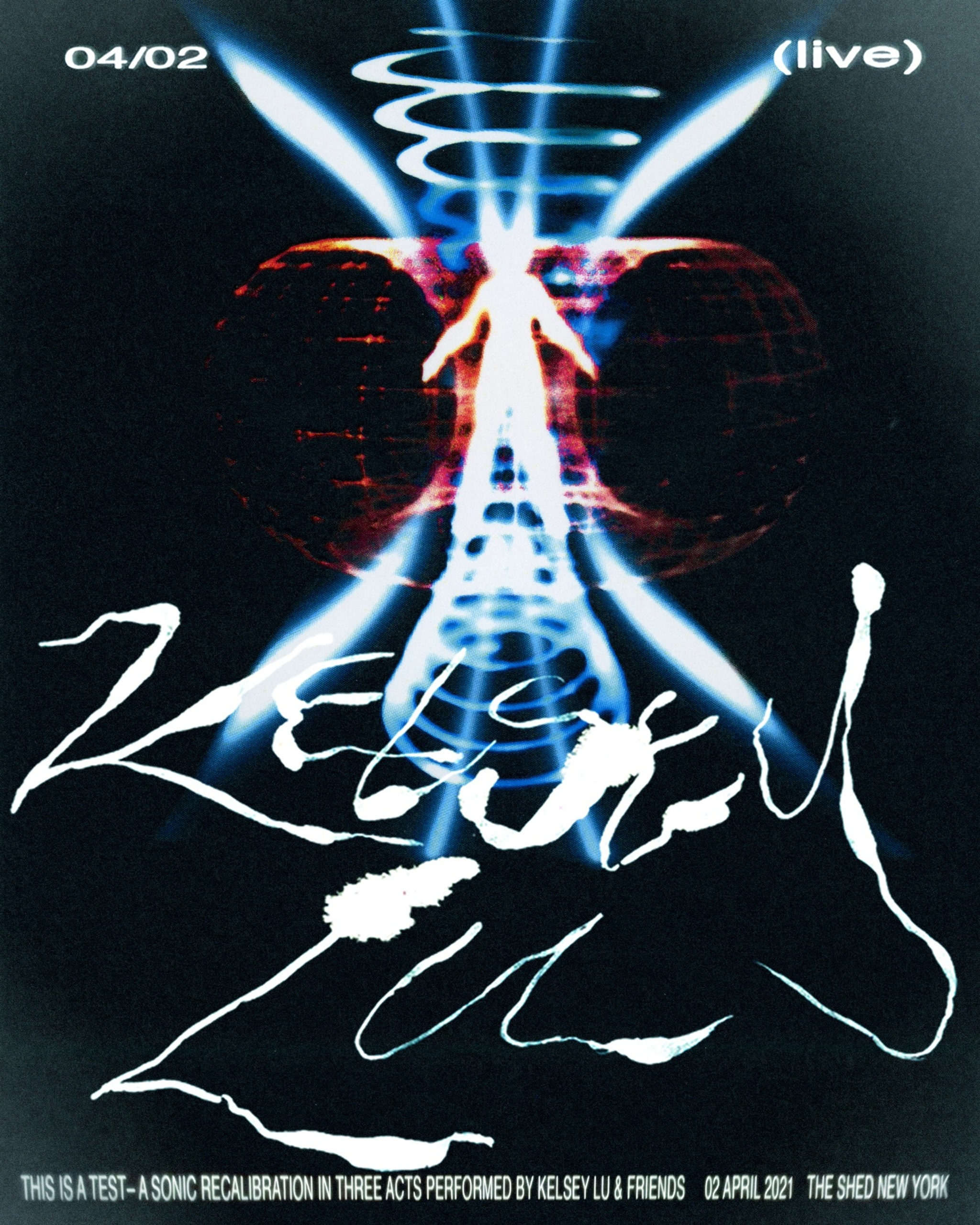 A poster image for This Is A Test, a black background with an abstract design of a torus doughnut shape with a white outline of a person superimposed. On the poster is a stylized script with the name Kelsey Lu scrawled across the bottom half.