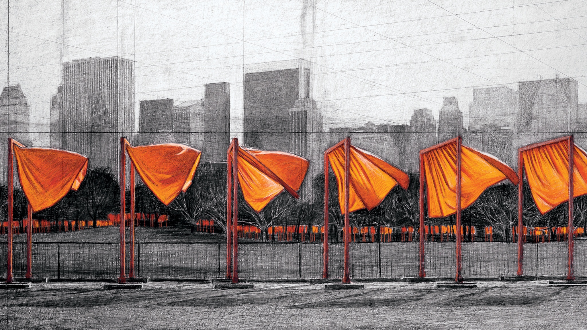  A drawing by the artist Christo. In gray graphite and charcoal, the drawing shows a city skyline in the distance behind a park, and in the foreground in saffron pastel blow a line of fabric curtains hanging from archway gates.