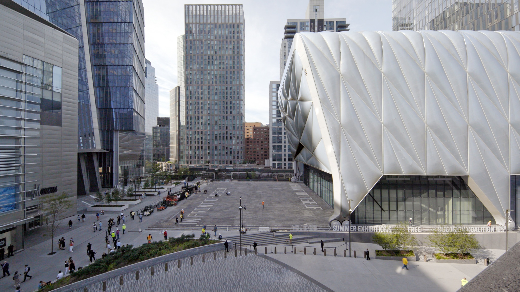 The Shed building from the perspective of the Hudson Yard's Vessel, overlooking the Plaza.