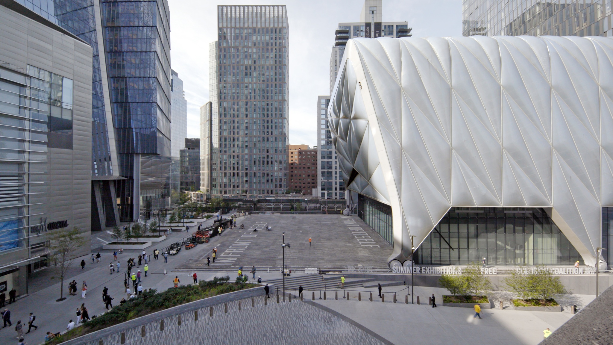 The Shed building from the perspective of the Hudson Yard's Vessel, overlooking the Plaza.