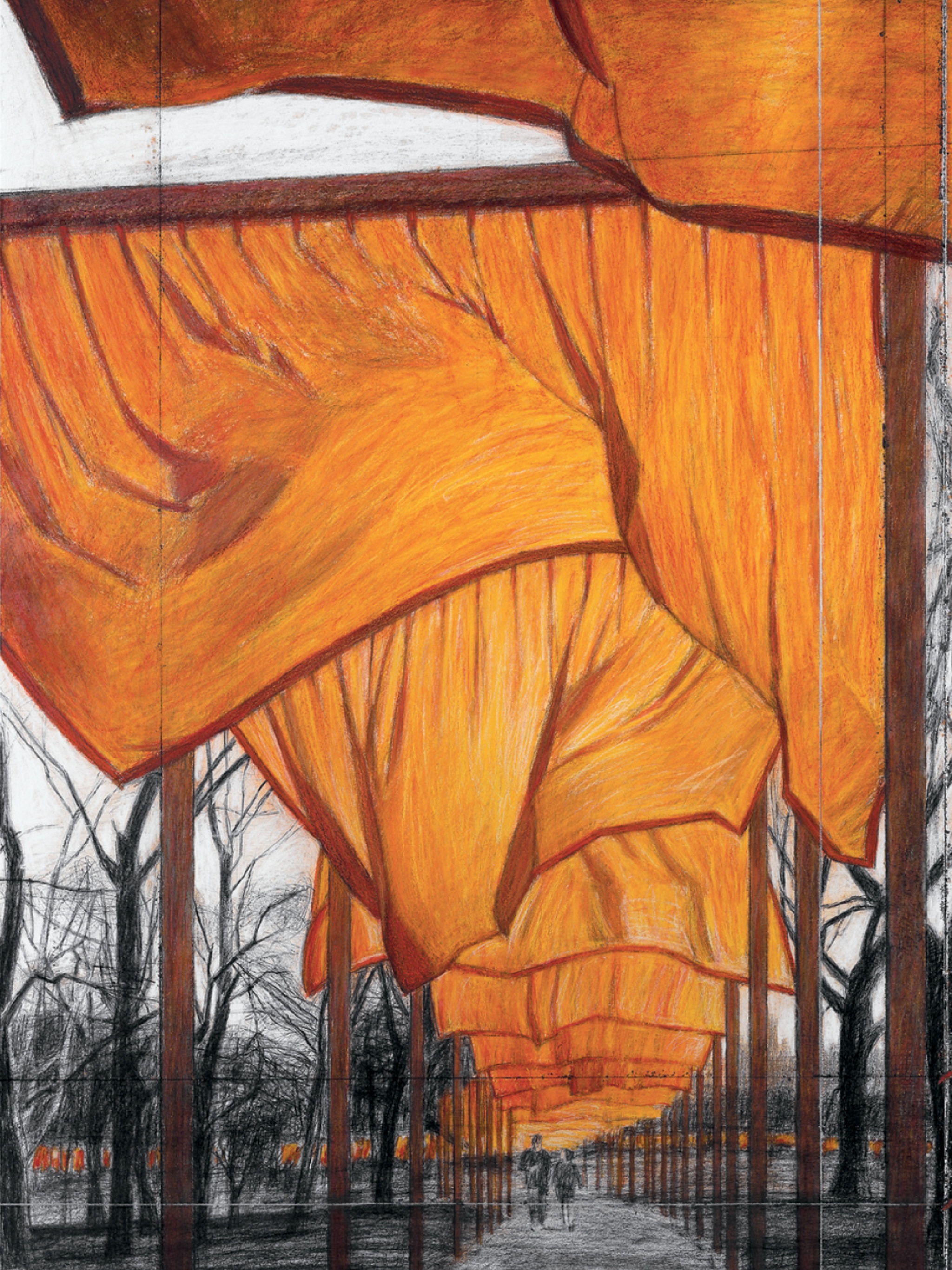  A drawing by the artist Christo. The gray graphite and charcoal drawing shows a path in a park receding into the background. In the foreground in bright saffron, a series of fabric panels hanging from a line of archway gates blows in the wind.