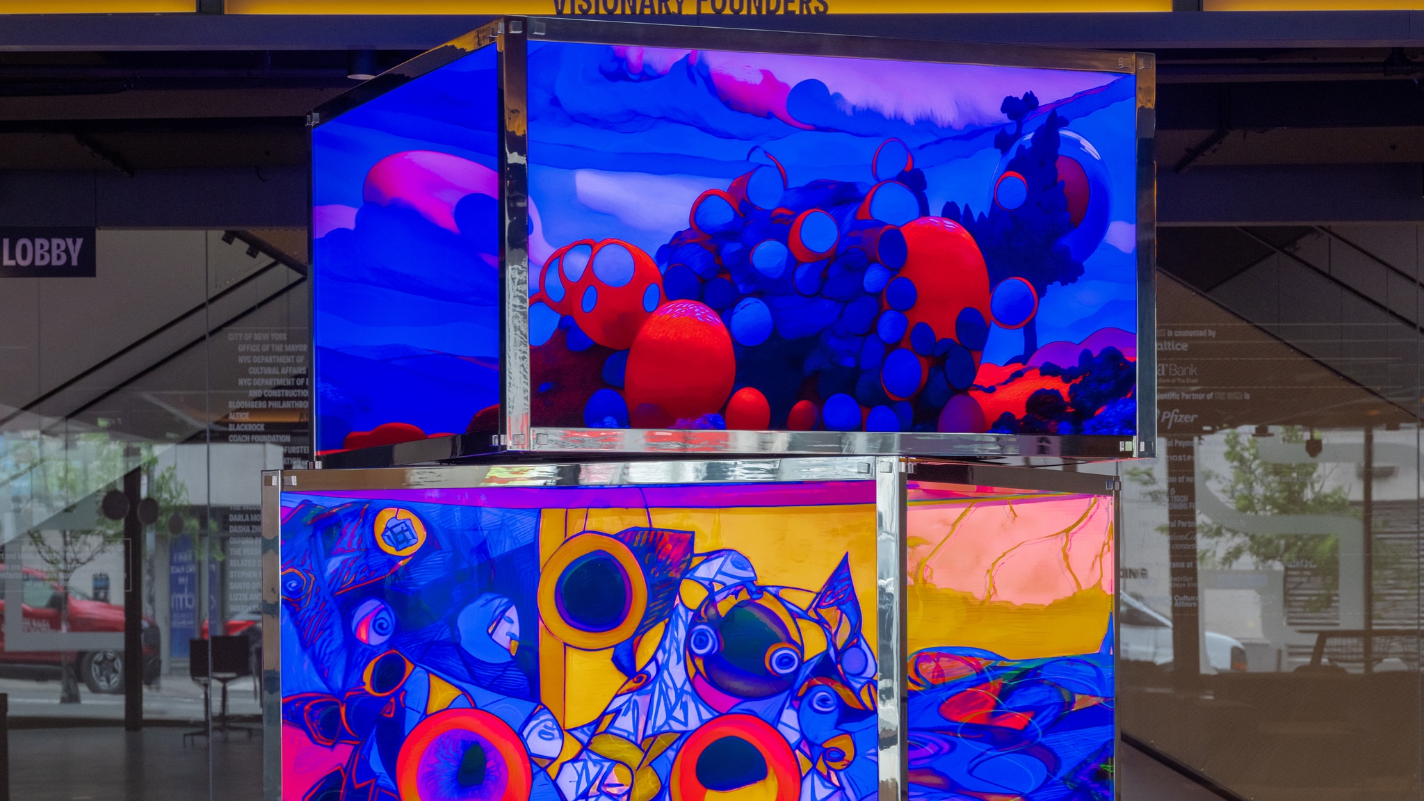 A stack of revolving cubes covered in video screens display vivid AI-generated images evoking bubbles and explosions in tones of deep blue, purple, red, and green