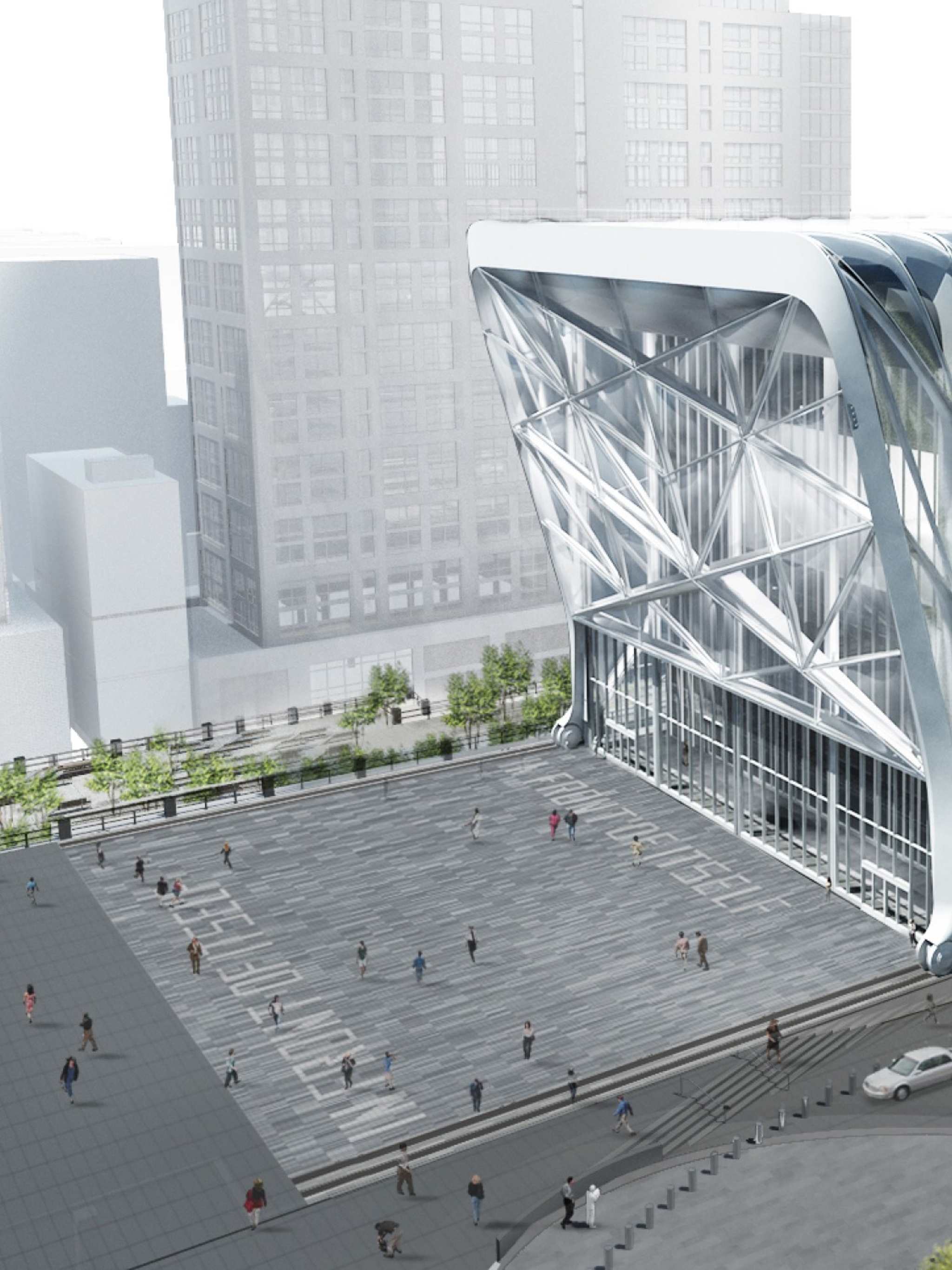 An architectural rendering of The Shed in process of being built. The structure is composed of metal beams and girders. On the Plaza in front of the building are two lines of text built into the gray paving stones, an artwork by Lawrence Weiner. They read "In front of itself."