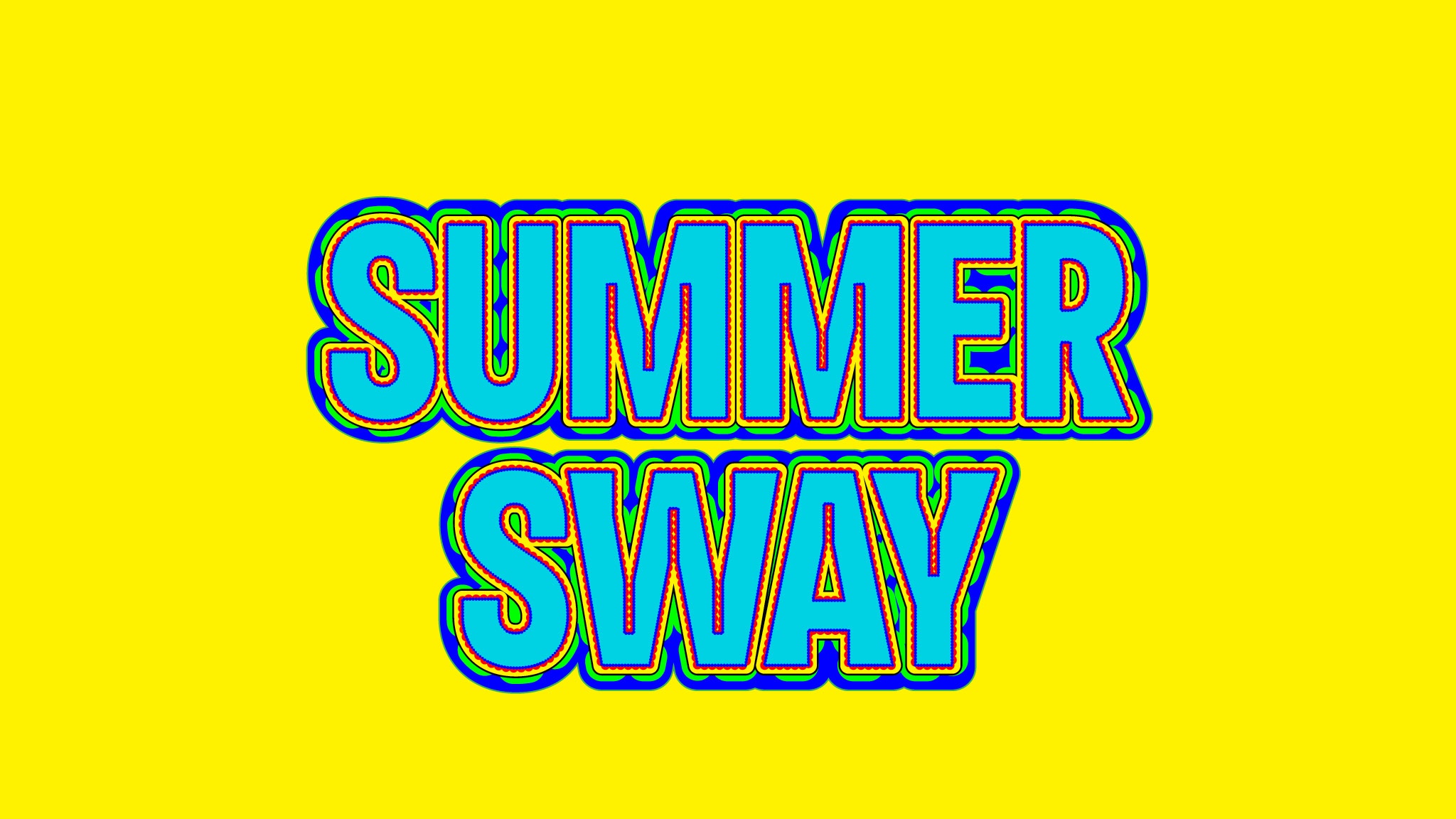 An illustrated typeface that reads Summer Sway against a bright yellow background. The words are a vibrant magenta with green and blue outlines.