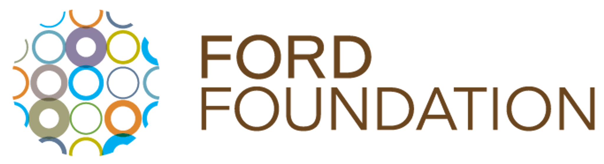 Ford Foundation logo, including the organization's name with the words stacked beside a circle comprised of tiny multicolored circles in outline.