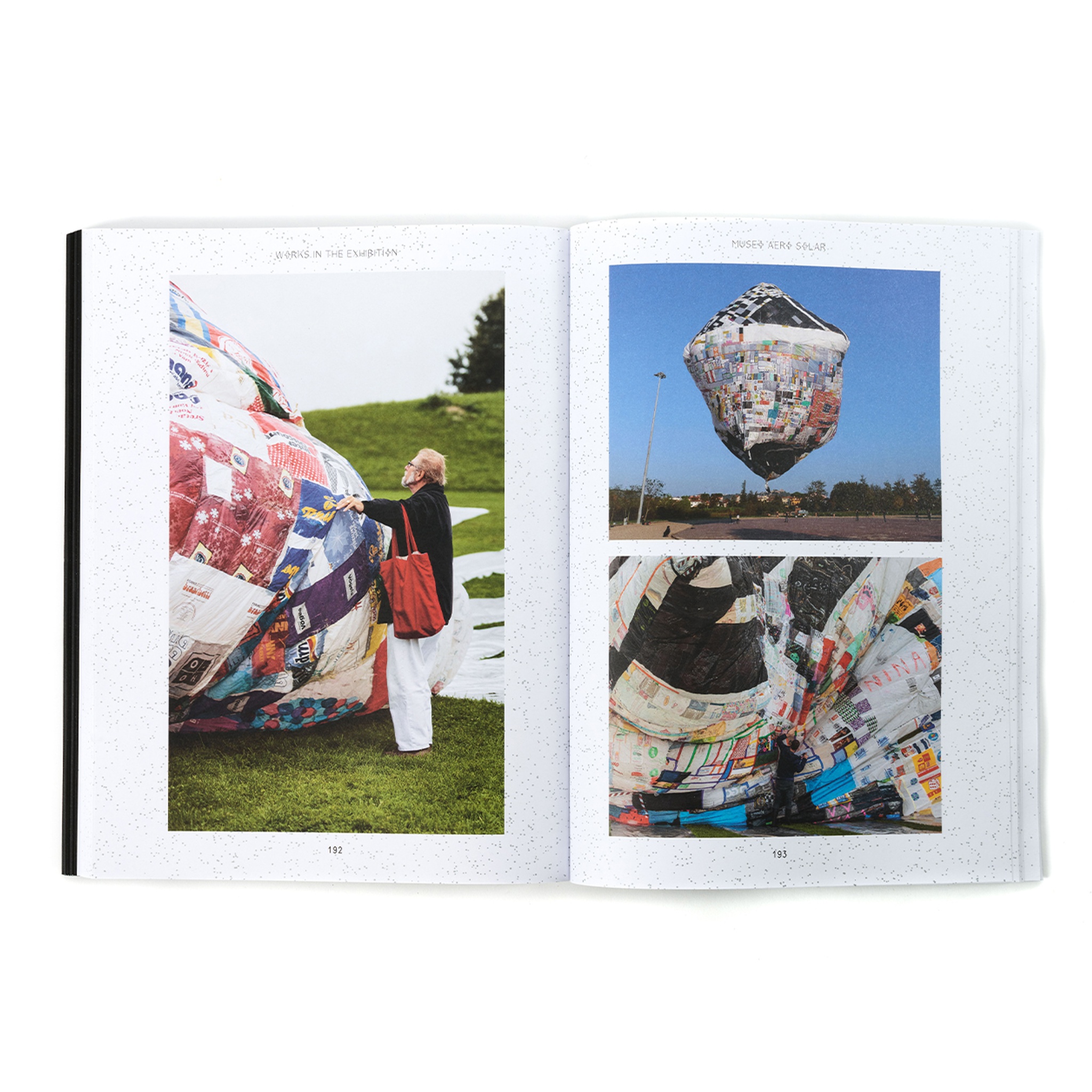 The exhibition catalogue for Tomás Saraceno: Particular Matter(s) open to an interior spread. Both pages are covered in images of a hot air balloon pieced together from recycled plastic bags