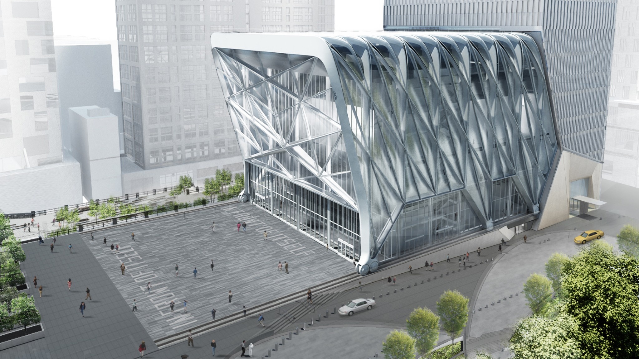 An architectural rendering of The Shed in process of being built. The structure is composed of metal beams and girders. On the Plaza in front of the building are two lines of text built into the gray paving stones, an artwork by Lawrence Weiner. They read "In front of itself."