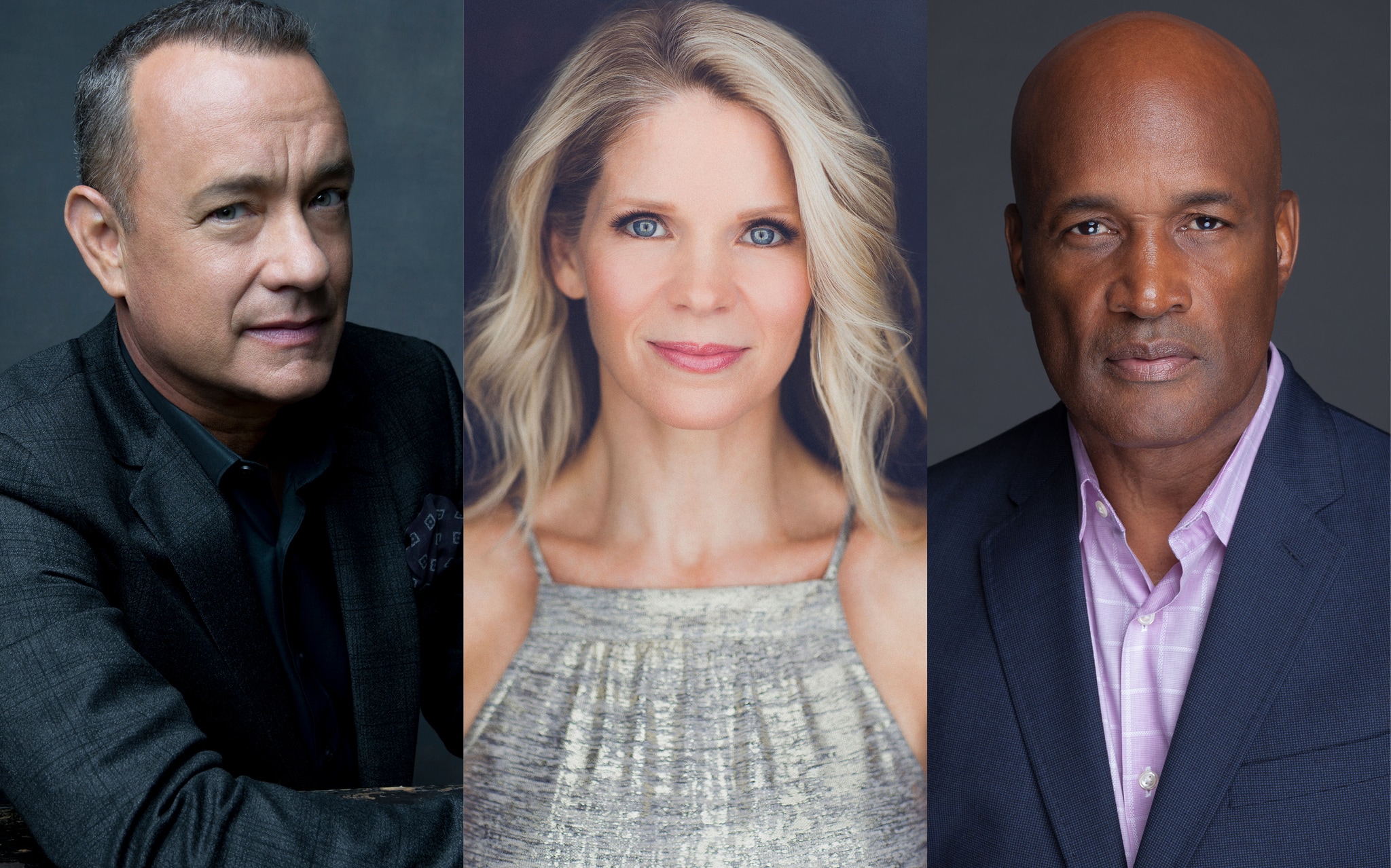 Three portrait headshots of Tom Hanks, Kelli O'Hara, and Kenny Leon. Tom is a white, middle-aged man who wears a charcoal gray suit, sitting at a dark brown wooden table and leaning with one shoulder forward and hands clasped on the tabletop. He looks at us from the side with a knowing smile. Kelli is a white woman with blond, shoulder-length hair parted on the side. She poses against a dark background, looking directly at us with a slight smile on her face. She wears a shimmery silver sleeveless top. Kenny is a middle aged Black man with a clean-shaven head who wears a navy blazer over a light purple button down shirt. He looks directly at us with an intent gaze.