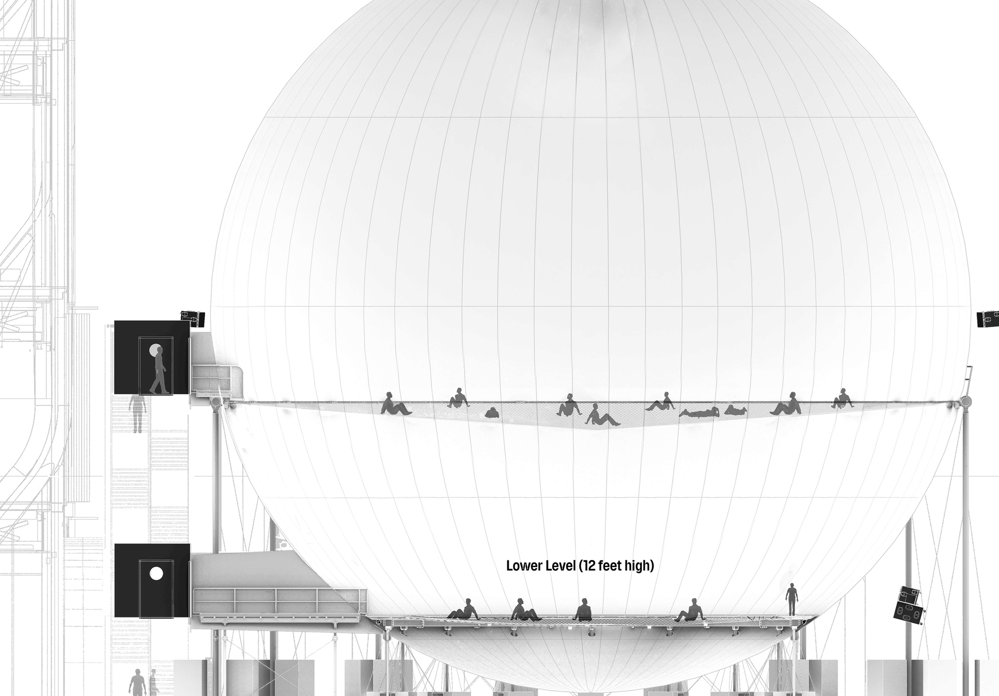 In an architectural rendering, a large circle demarcates the space of the sensory experience. It contains two horizontal levels of netting, shown suspended across the circle, one above the other. Small images of people are sitting and reclining on the nets on both levels. On the lower level, one figure stands on the wheelchair-accessible platform.