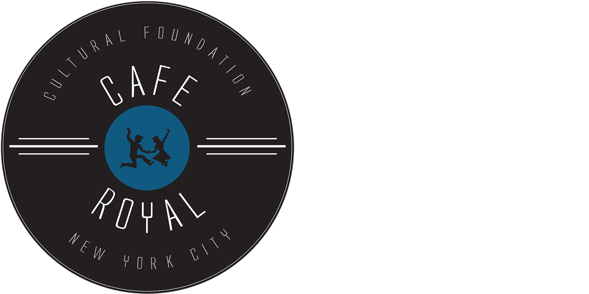 Cafe Royal Cultural Foundation logo. The black, circular logo resembles a vinyl record with a blue circle at the center as a background to two dancing figures leaping in the air.