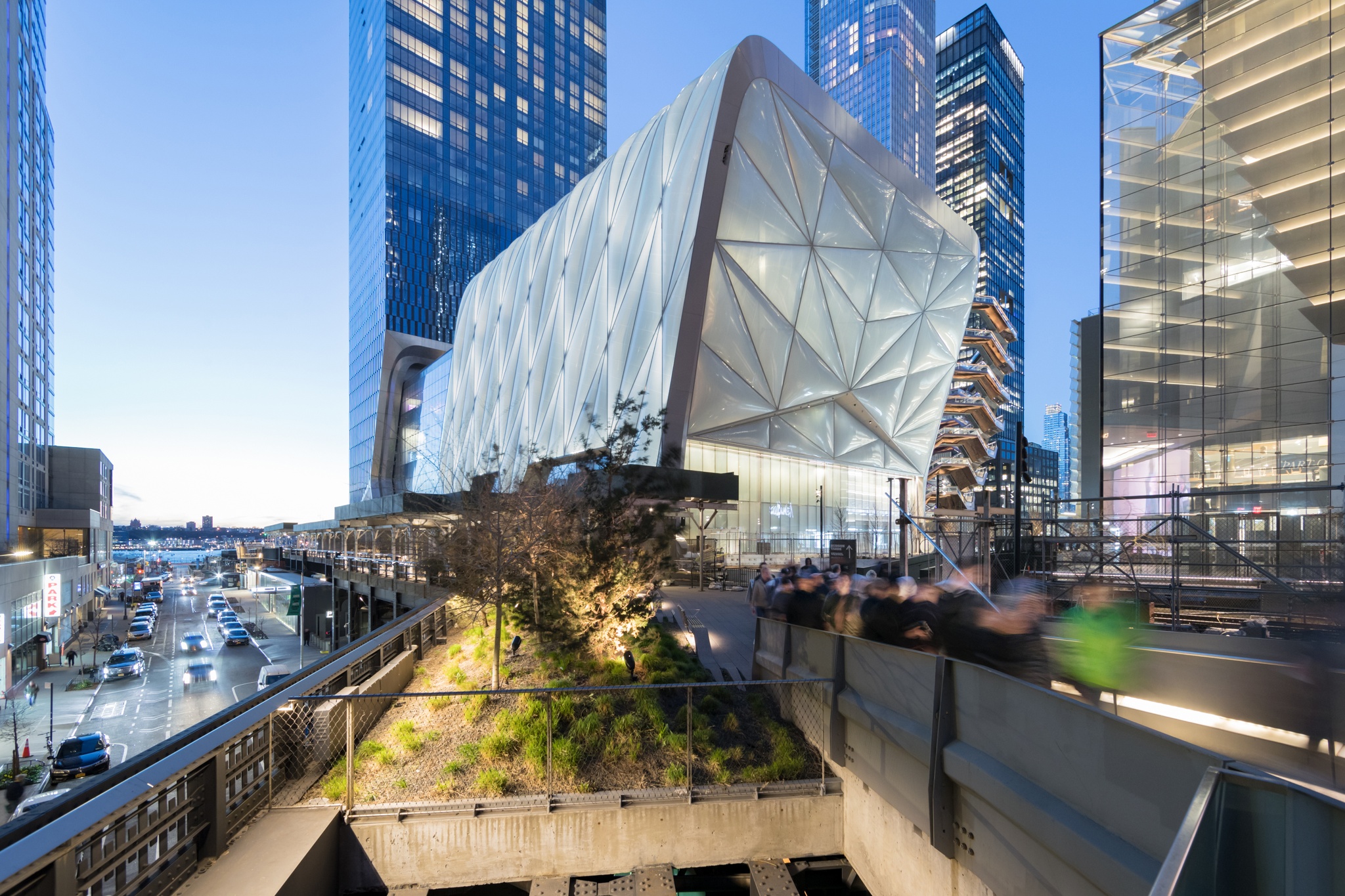 The Shed's Bloomberg Building as seen from the High Line at sunset in May 2019