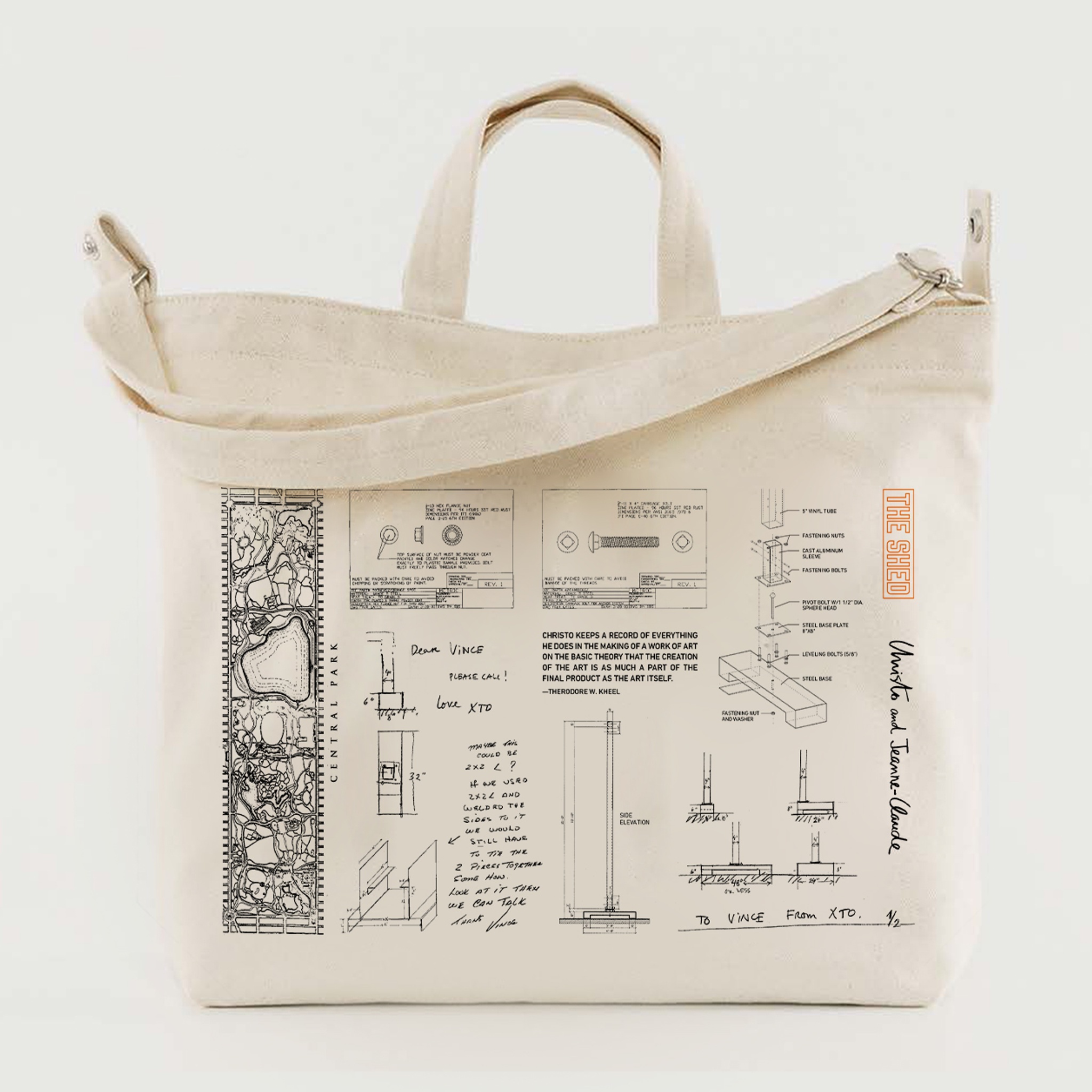 A canvas tote bag covered in a print reproducing sketches by the engineer of The Gates