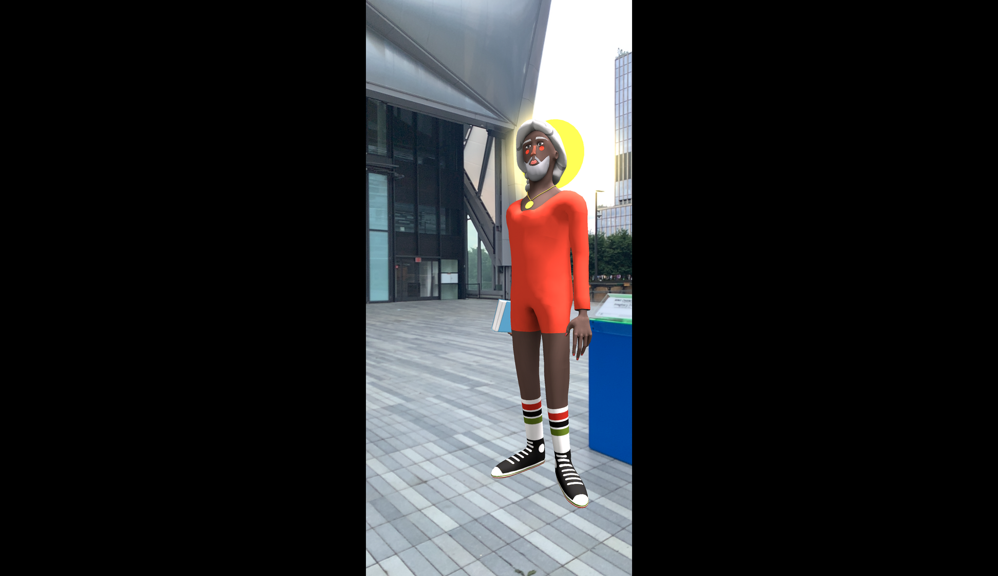 An augmented reality avatar of a person in a red shorts onesie, high top black sneakers, and knee-high athletic socks appears on an outdoor plaza