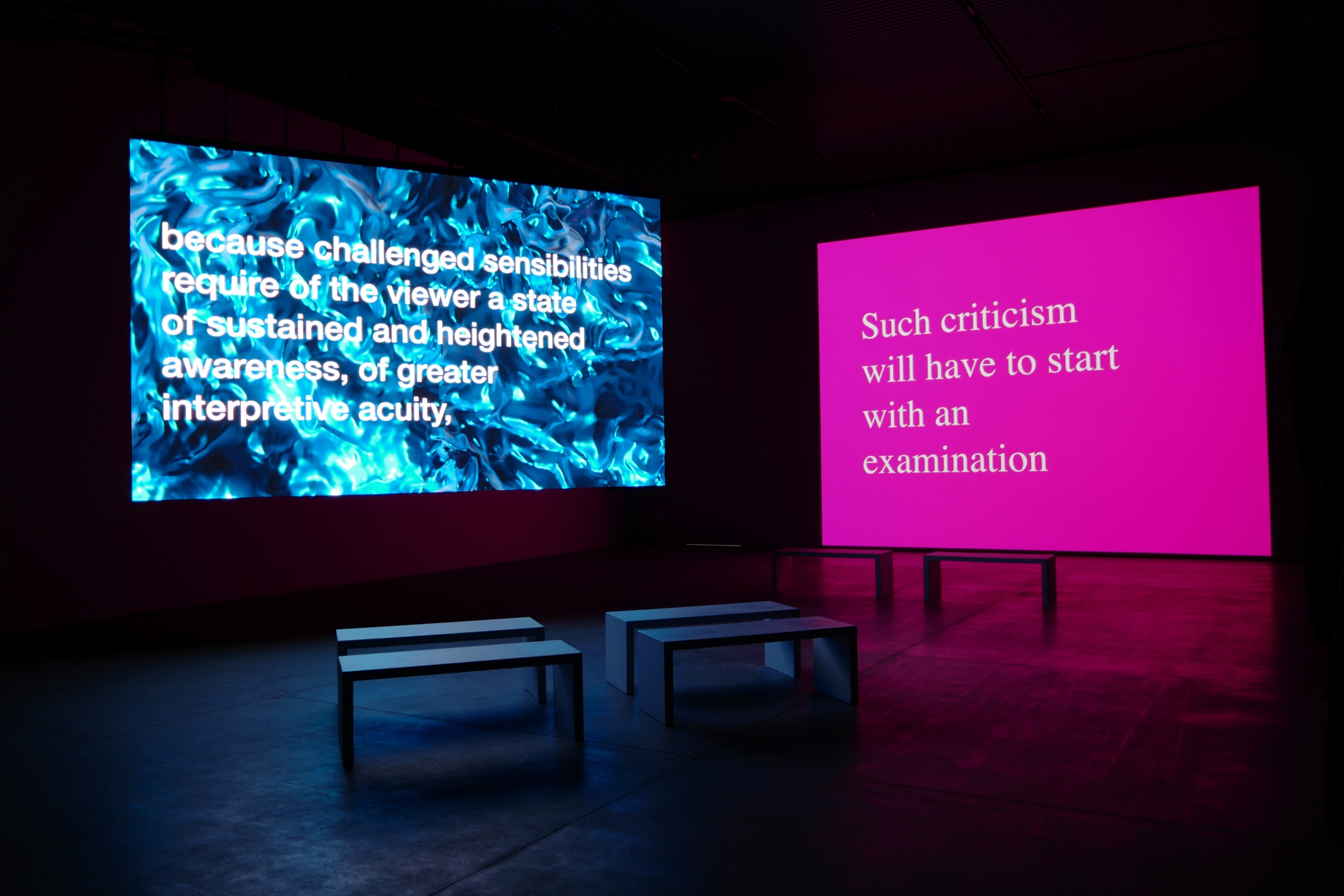 An installation view of Tony Cokes's work for Collision/Coalition