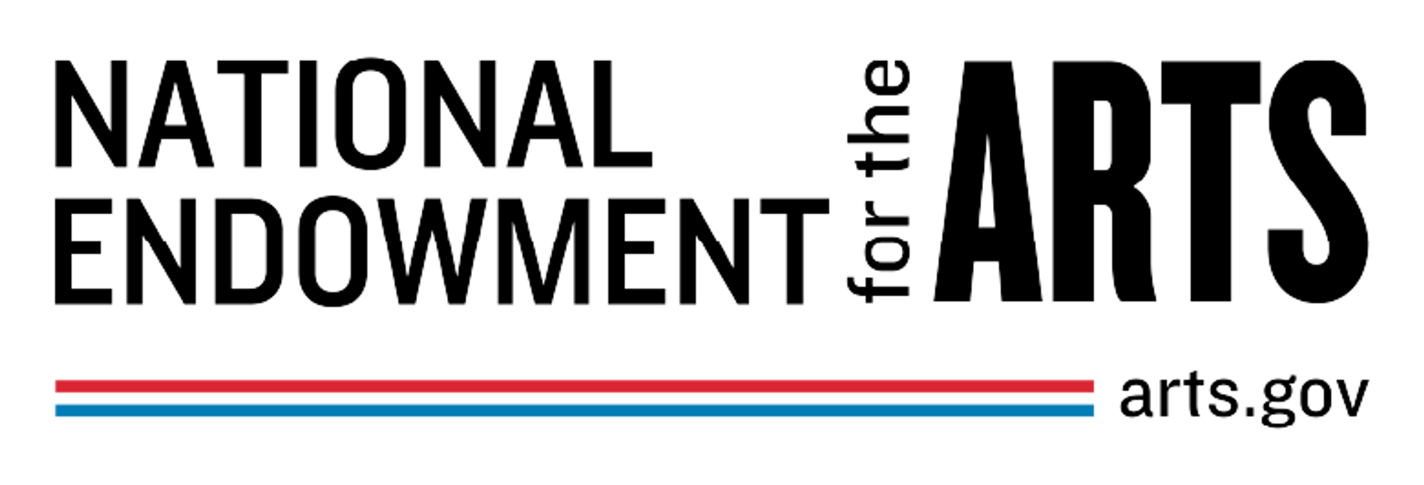 The National Endowment for the Arts logo, with the organization's name above two horizontal lines of blue and red ending in the URL arts.gov