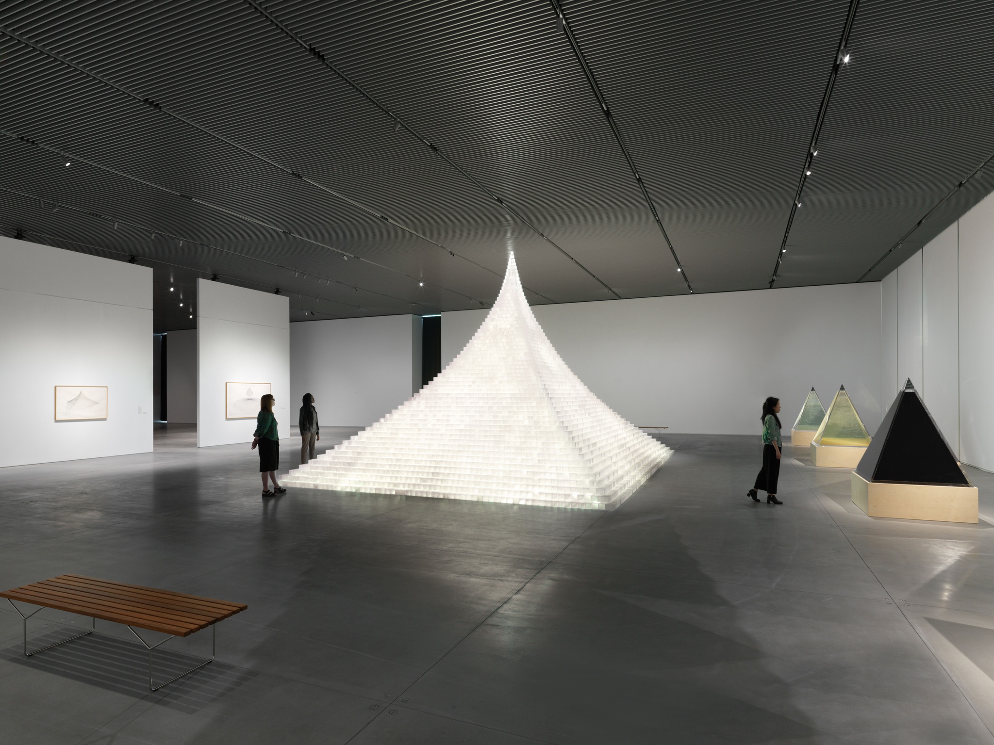 An installation view of Agnes Denes' work for Absolutes and Intermediates