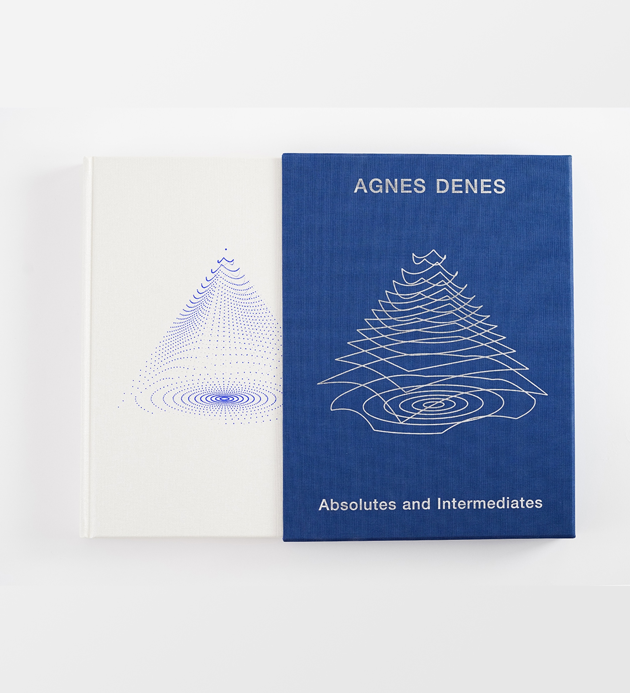 The exhibition catalogue for Agnes Denes sliding out of a blue slipcase