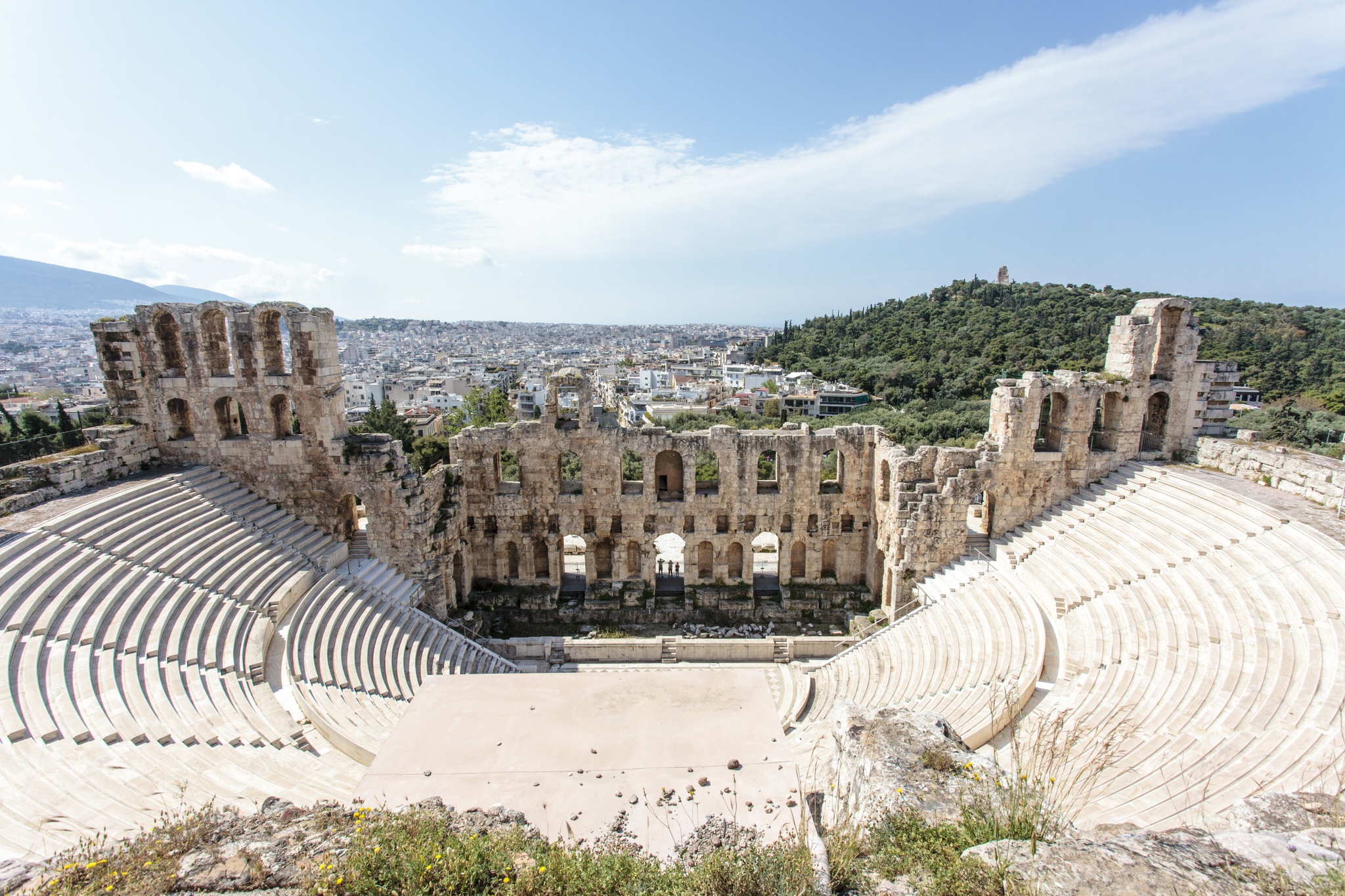 A view of the ruins of Odeon of Herodes amphitheater from the top of the theater looking down at the stage, in Athens, Greece