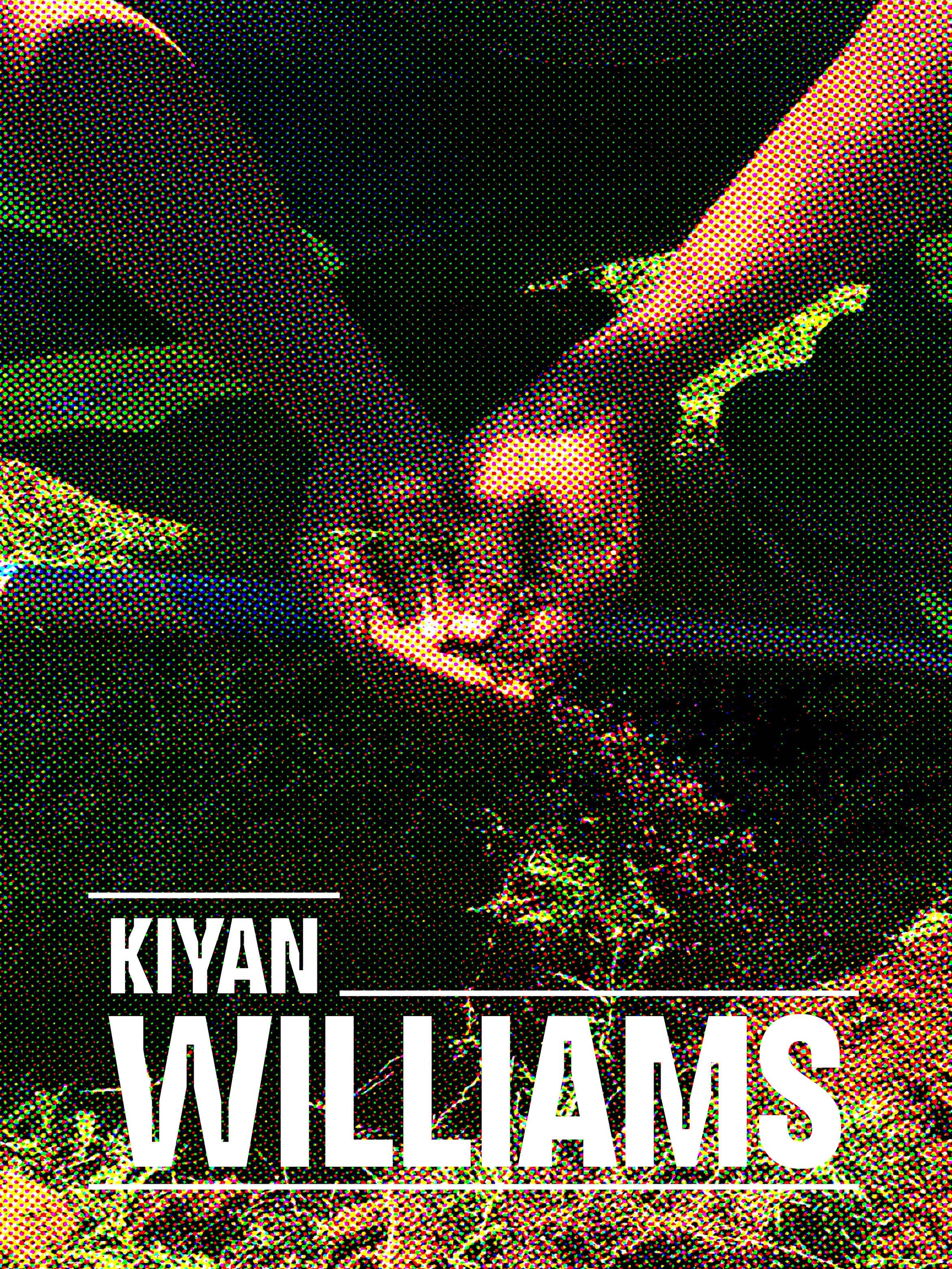 A person crouches on green grass over a shovel and upturned earth with their hands joined together with the name Kiyan Williams overlaid in white text